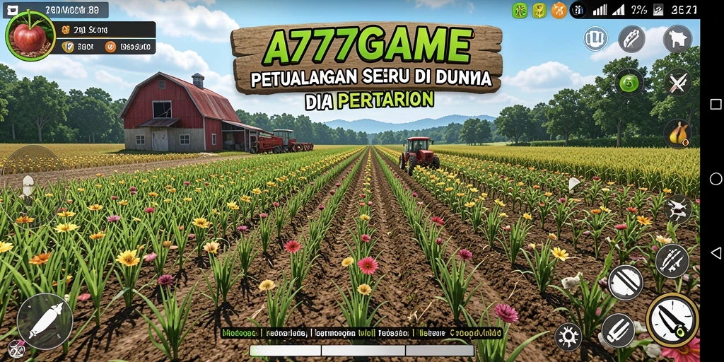 Screenshot utama A777GAME menampilkan aktivitas seru bertani dan merawat hewan.