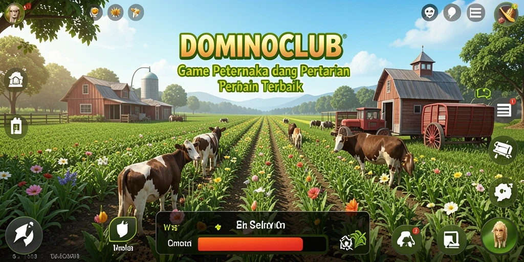 Screenshot gameplay DOMINOCLUB menampilkan kebun yang indah dan hewan ternak.