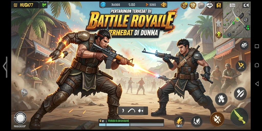 Tampilan gameplay menegangkan di HUGO77, menampilkan pertarungan Battle Royale yang seru.