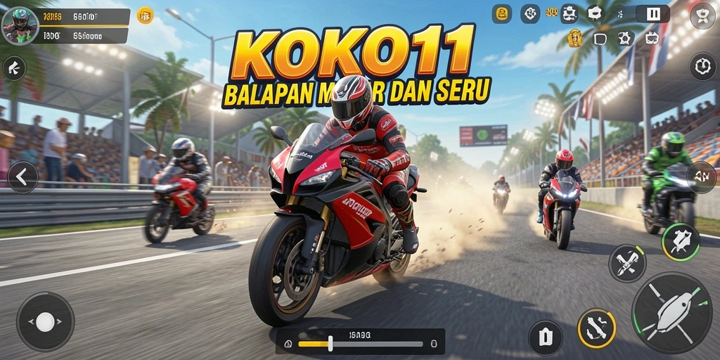 Screenshot menunjukkan aksi balapan mendebarkan KOKO11 dengan motor cepat.