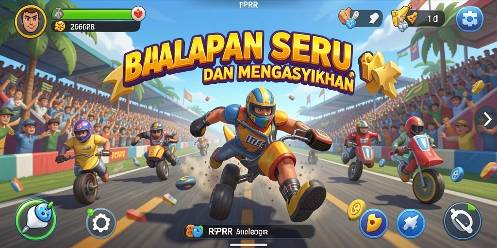 Screenshot gameplay RPRR menampilkan aksi balapan yang mendebarkan dan grafis yang menawan.