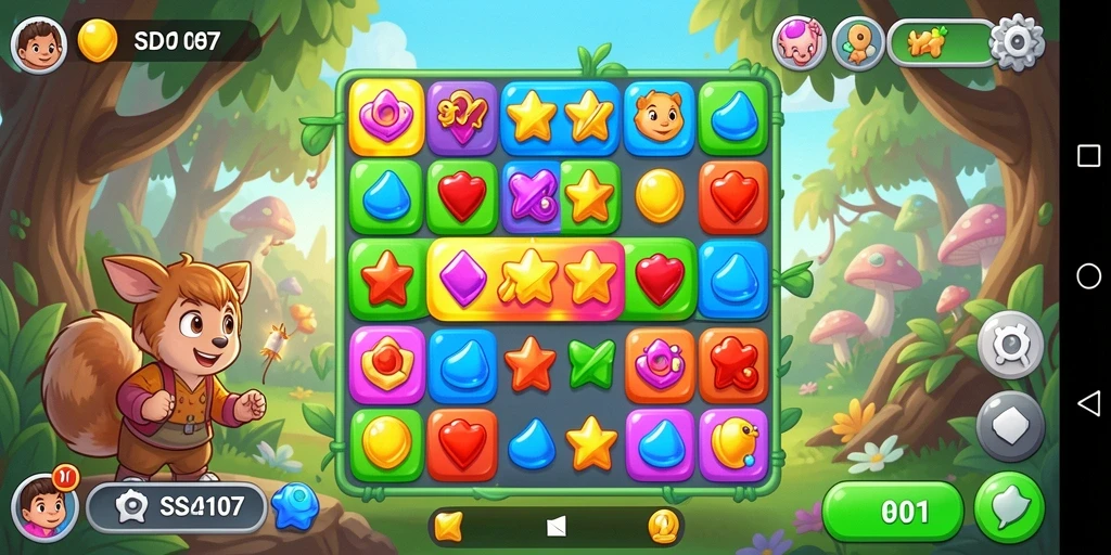 Screenshot gameplay <strong>SD107</strong> yang menampilkan aksi mencocokkan permata.