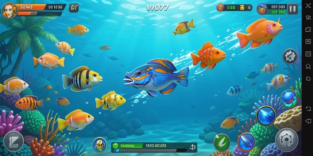 Screenshot gameplay VIO77 menunjukkan aksi menembak ikan yang intens.